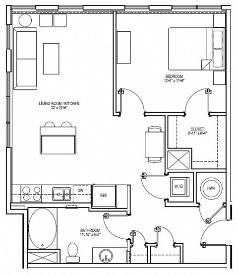 Floor plan for 1 bed, 1 bath, 829 sqft